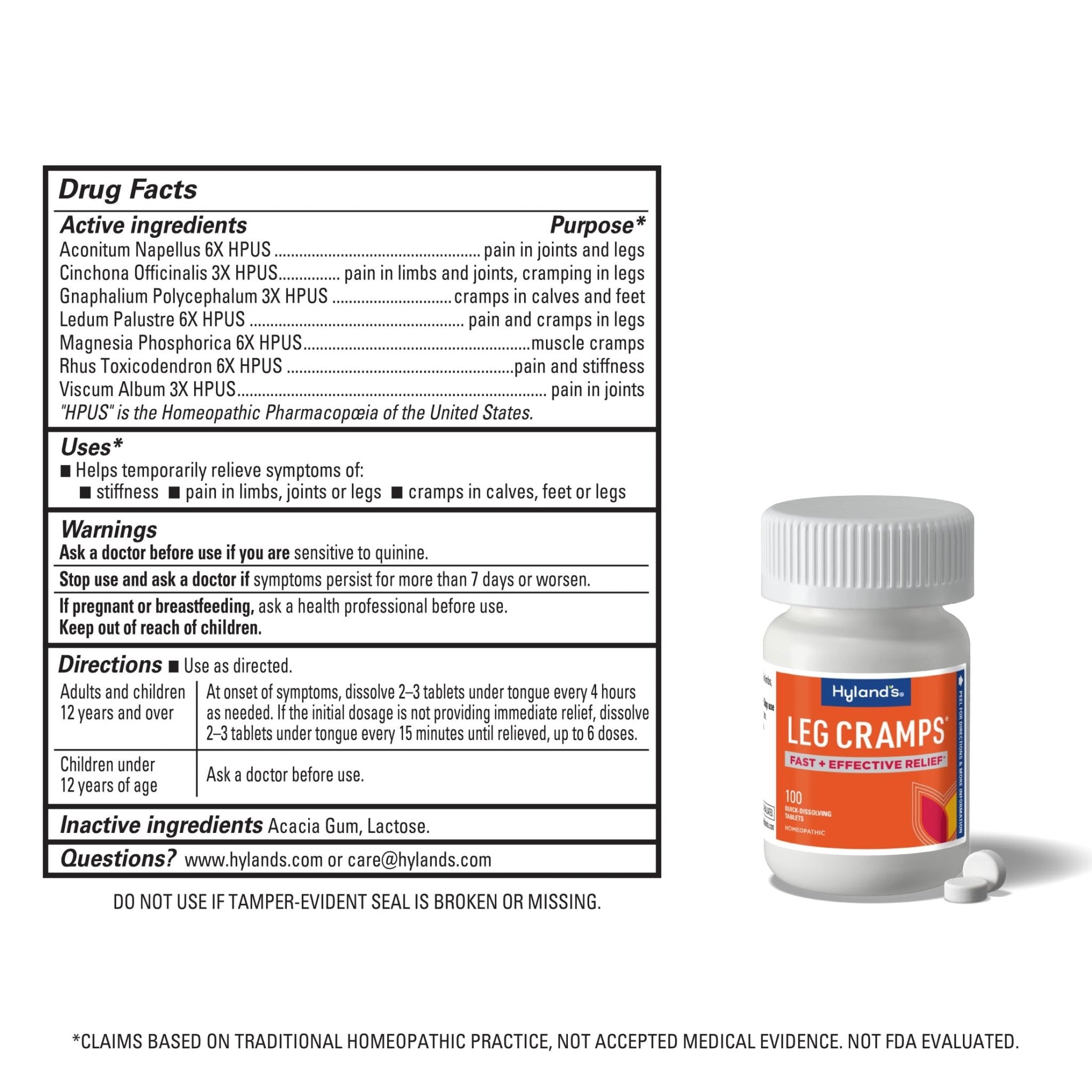 Hyland's Leg Cramps, Relief of Leg, Calf, Charley Horses, and Foot Cramps, 100 Quick-Dissolving Tablets - Maple Wellness Supplements