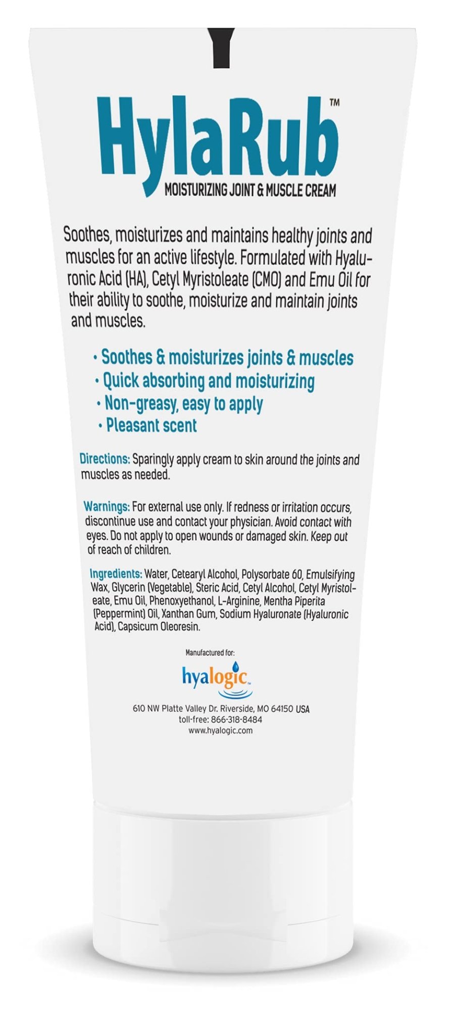 HylaRub HA Joint & Muscle Cream – Hyaluronic Acid Muscle Rub w/Emu Oil & CMO – Non Greasy, Soothes, Moisturizes & Maintains Shoulders, Knees, Back, HIPS & More 6 oz. by Hyalogic - TrustMedUSA