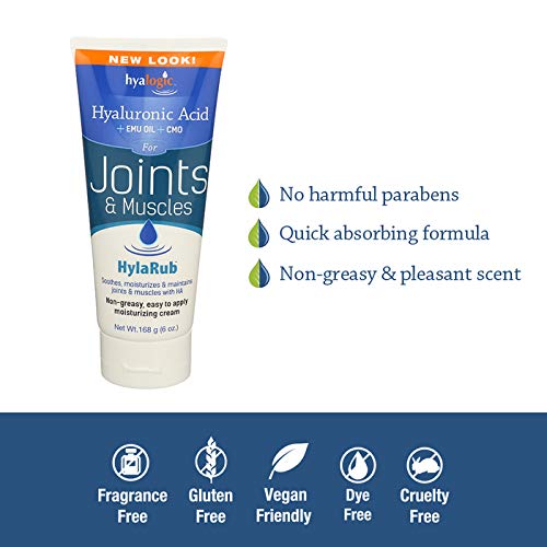 HylaRub HA Joint & Muscle Cream – Hyaluronic Acid Muscle Rub w/Emu Oil & CMO – Non Greasy, Soothes, Moisturizes & Maintains Shoulders, Knees, Back, HIPS & More 6 oz. by Hyalogic - TrustMedUSA
