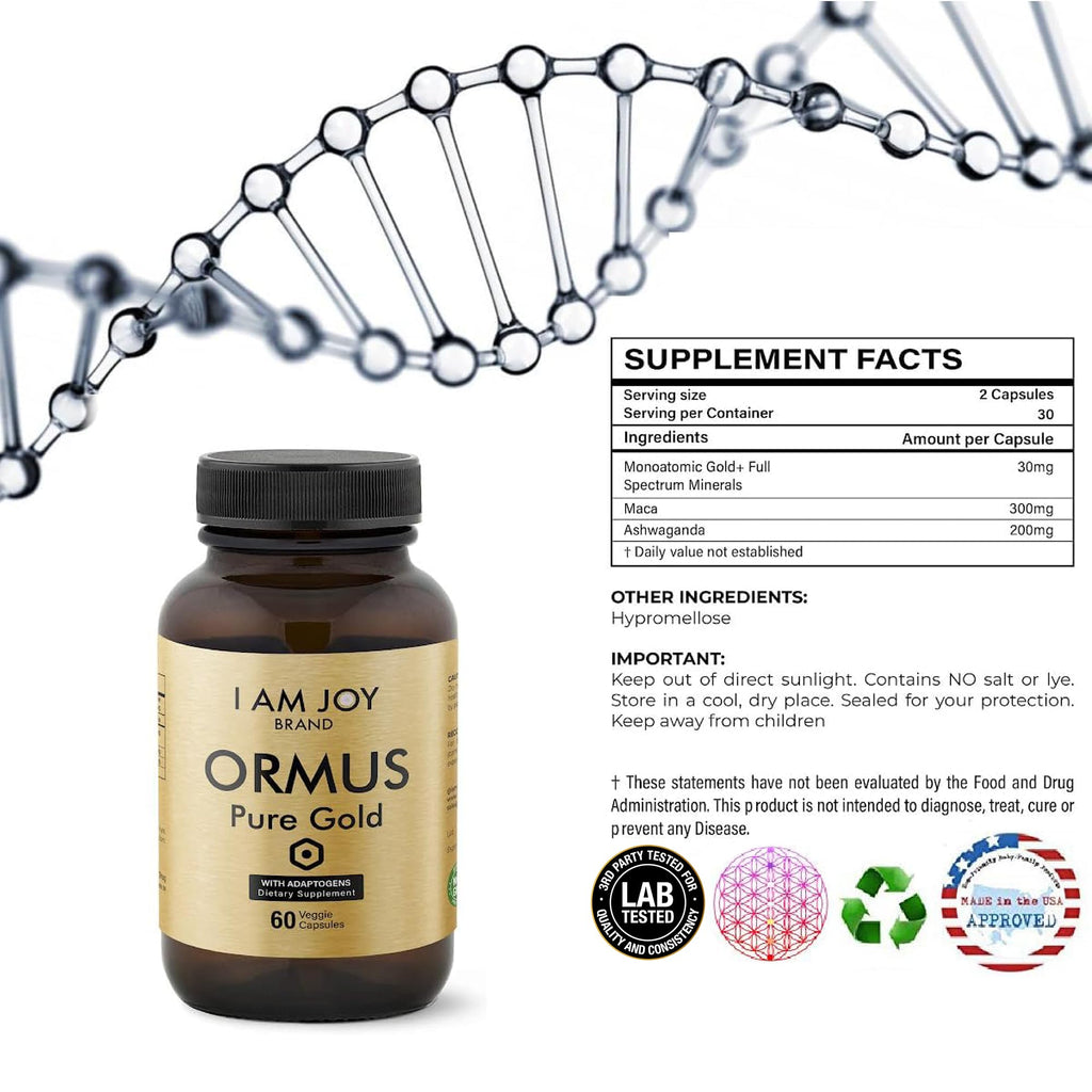 I Am Joy co. Ormus Gold Capsules Monoatomic Elements with Adaptogens Maca and Ashwaganda | May Help Balance Mood, Decalcify Pineal Gland, Repair DNA, Enhance Relaxation - 60 Vegan Capsules - TrustMedUSA