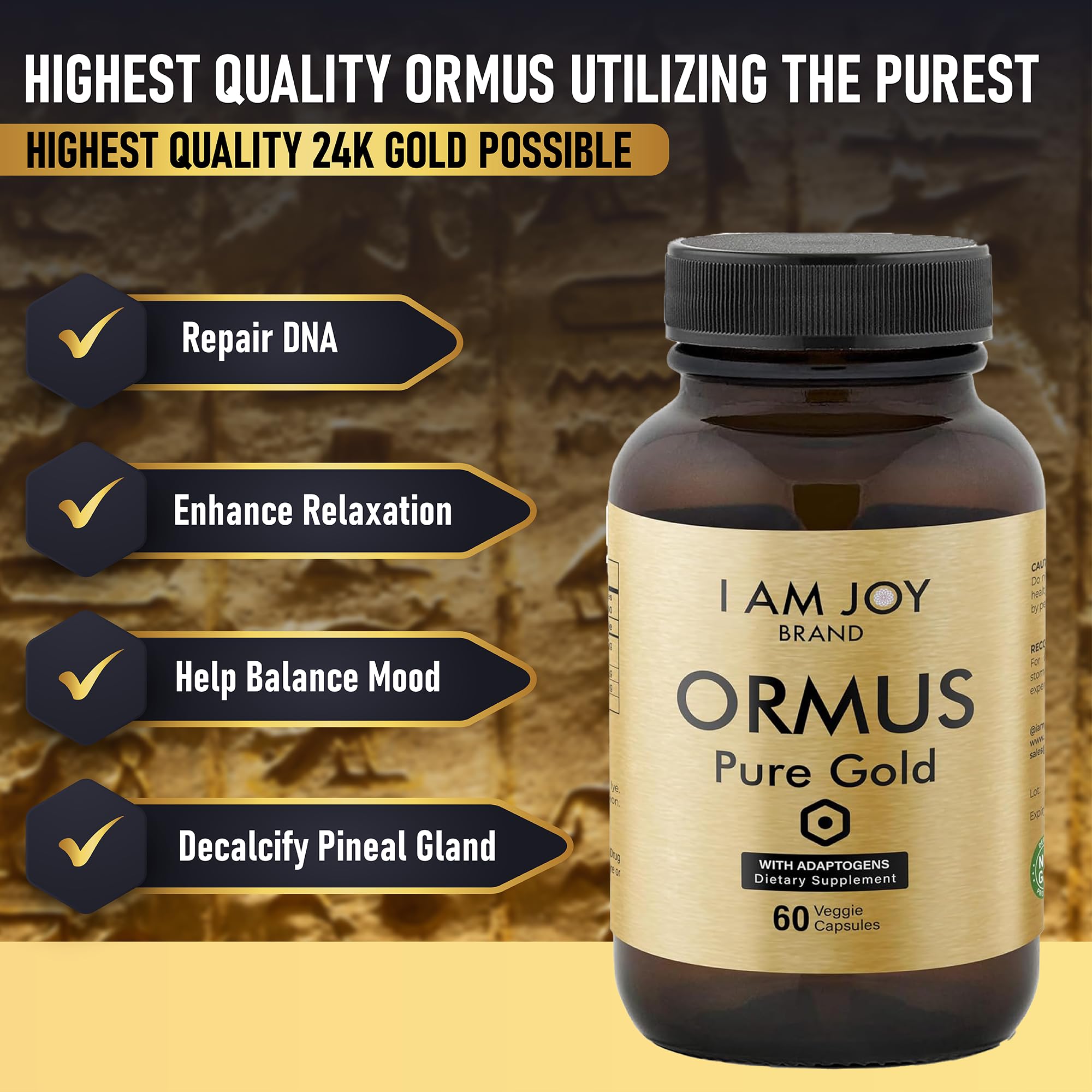 I Am Joy co. Ormus Gold Capsules Monoatomic Elements with Adaptogens Maca and Ashwaganda | May Help Balance Mood, Decalcify Pineal Gland, Repair DNA, Enhance Relaxation - 60 Vegan Capsules - TrustMedUSA