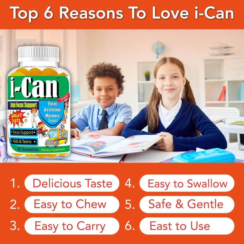 I-Can Focus Gummies for Kids & Teens, Omega 3 Gummies with DHA & EPA, Brain Health, Memory, Attention Support, Teen Brain Focus Vitamins, Non-Fishy Taste, Low Sugar, 60 Count - TrustMedUSA