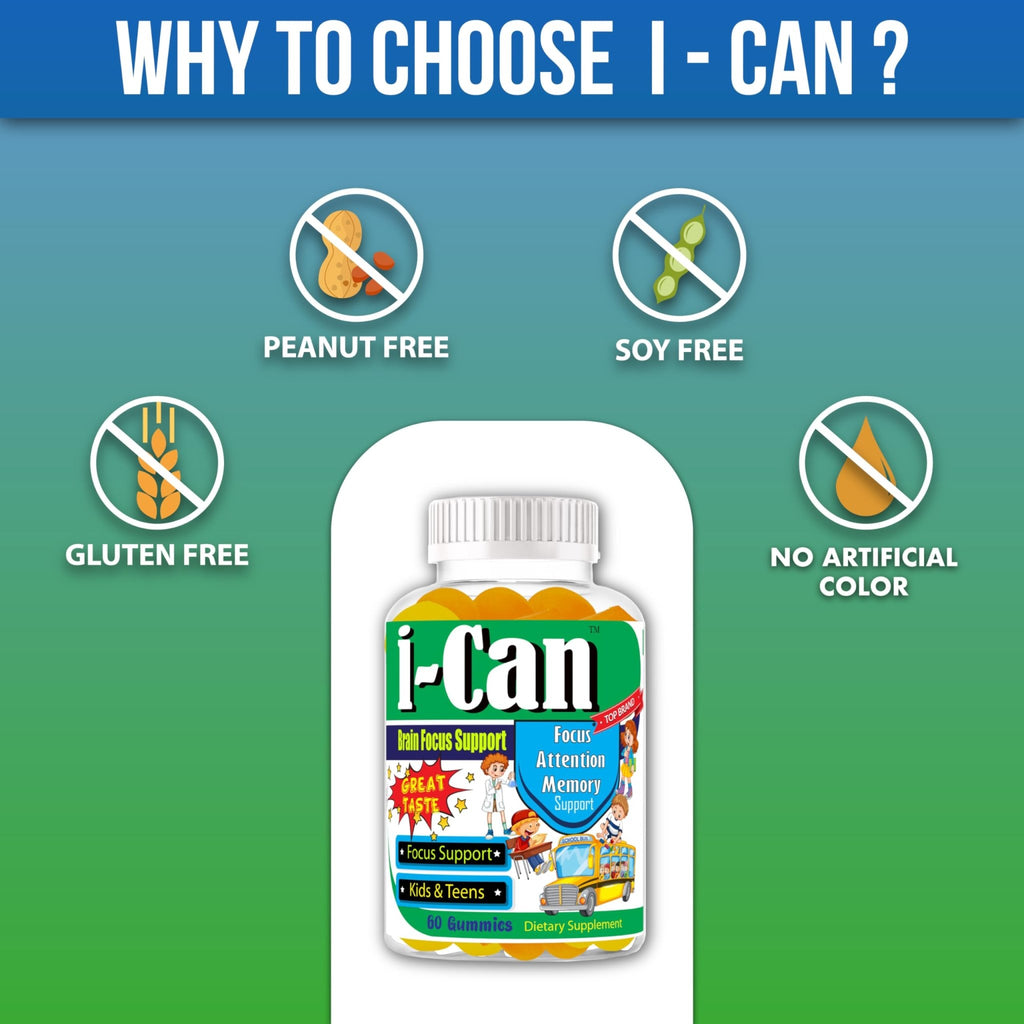 I-Can Focus Gummies for Kids & Teens, Omega 3 Gummies with DHA & EPA, Brain Health, Memory, Attention Support, Teen Brain Focus Vitamins, Non-Fishy Taste, Low Sugar, 60 Count - TrustMedUSA