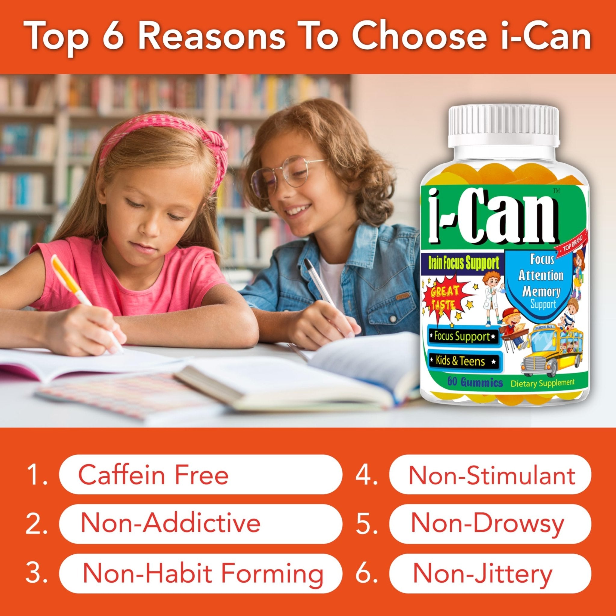 I-Can Focus Gummies for Kids & Teens, Omega 3 Gummies with DHA & EPA, Brain Health, Memory, Attention Support, Teen Brain Focus Vitamins, Non-Fishy Taste, Low Sugar, 60 Count - TrustMedUSA