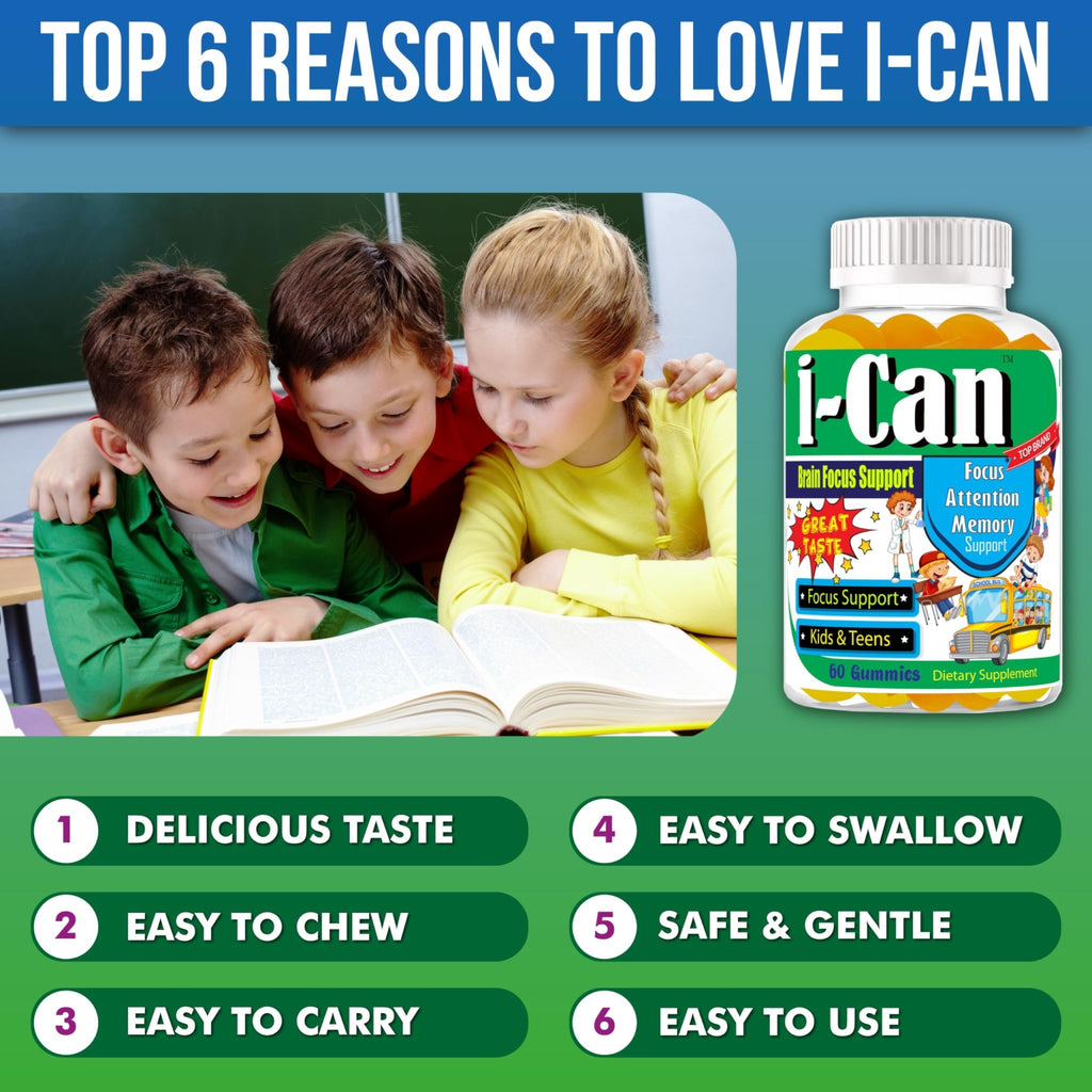 I-Can Focus Gummies for Kids & Teens, Omega 3 Gummies with DHA & EPA, Brain Health, Memory, Attention Support, Teen Brain Focus Vitamins, Non-Fishy Taste, Low Sugar, 60 Count - TrustMedUSA