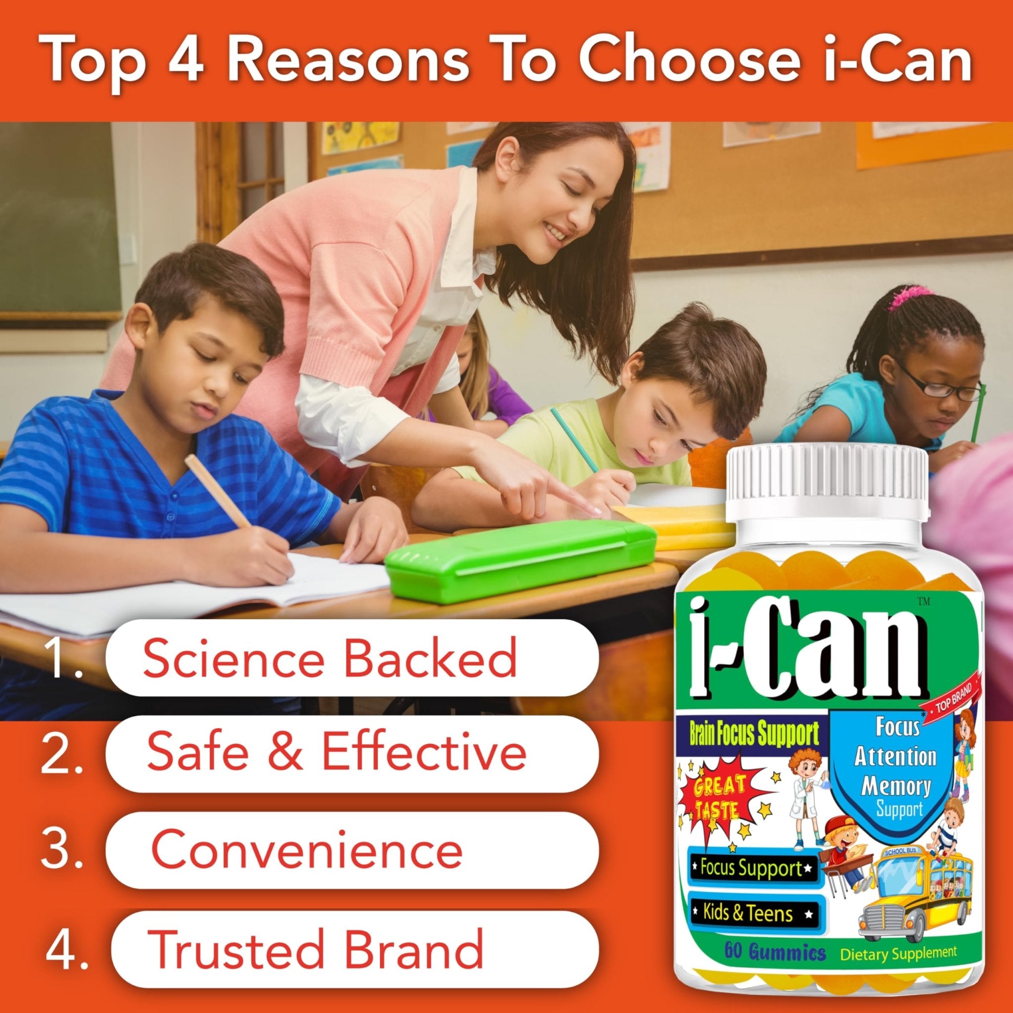I-Can Focus Gummies for Kids & Teens, Omega 3 Gummies with DHA & EPA, Brain Health, Memory, Attention Support, Teen Brain Focus Vitamins, Non-Fishy Taste, Low Sugar, 60 Count - TrustMedUSA