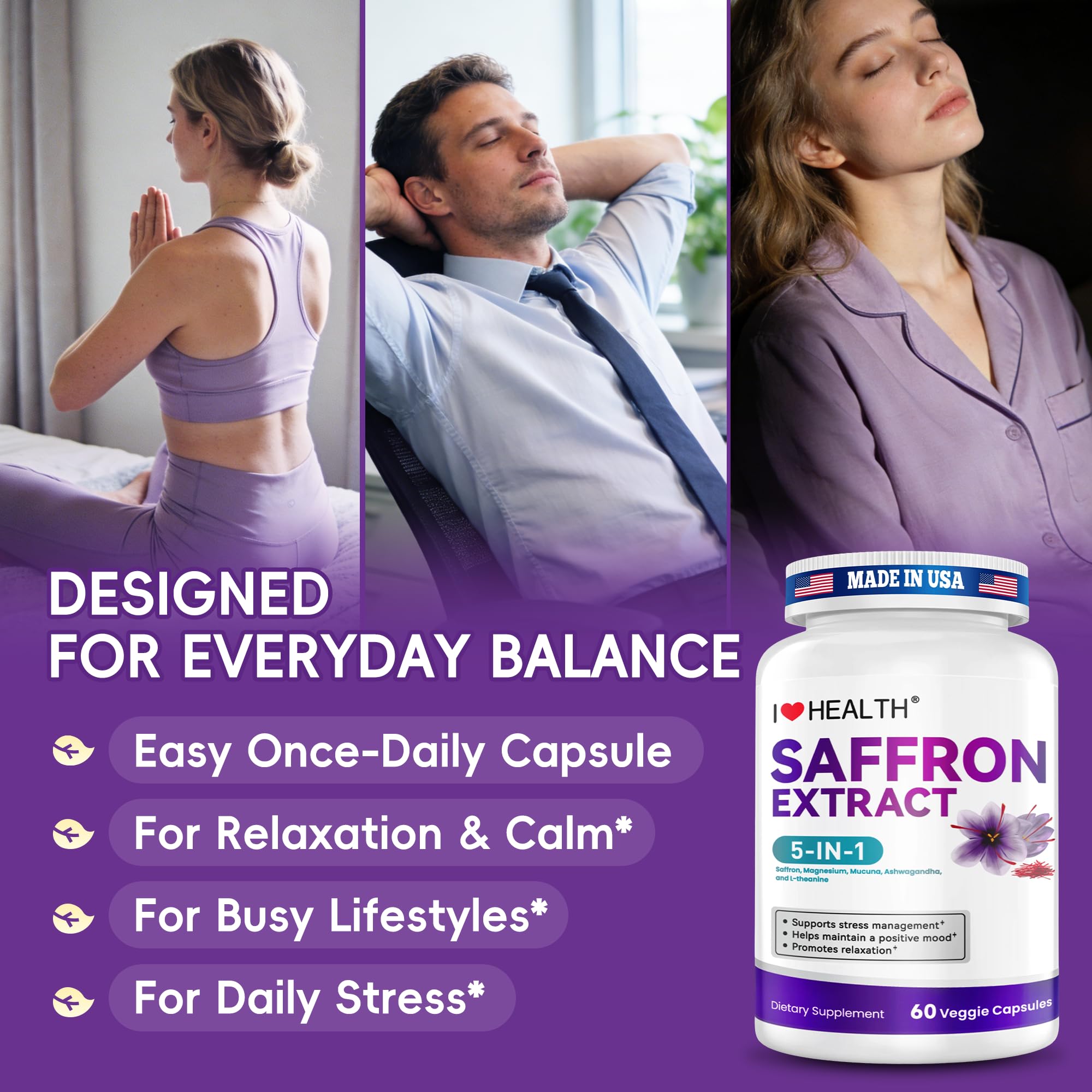 I LOVE HEALTH Saffron Supplement – 88.5mg with Magnesium Glycinate, Ashwagandha & L-Theanine for Stress Relief, Calm Mood & Emotional Balance – Made in USA – 60 Capsules - Maple Wellness Supplements