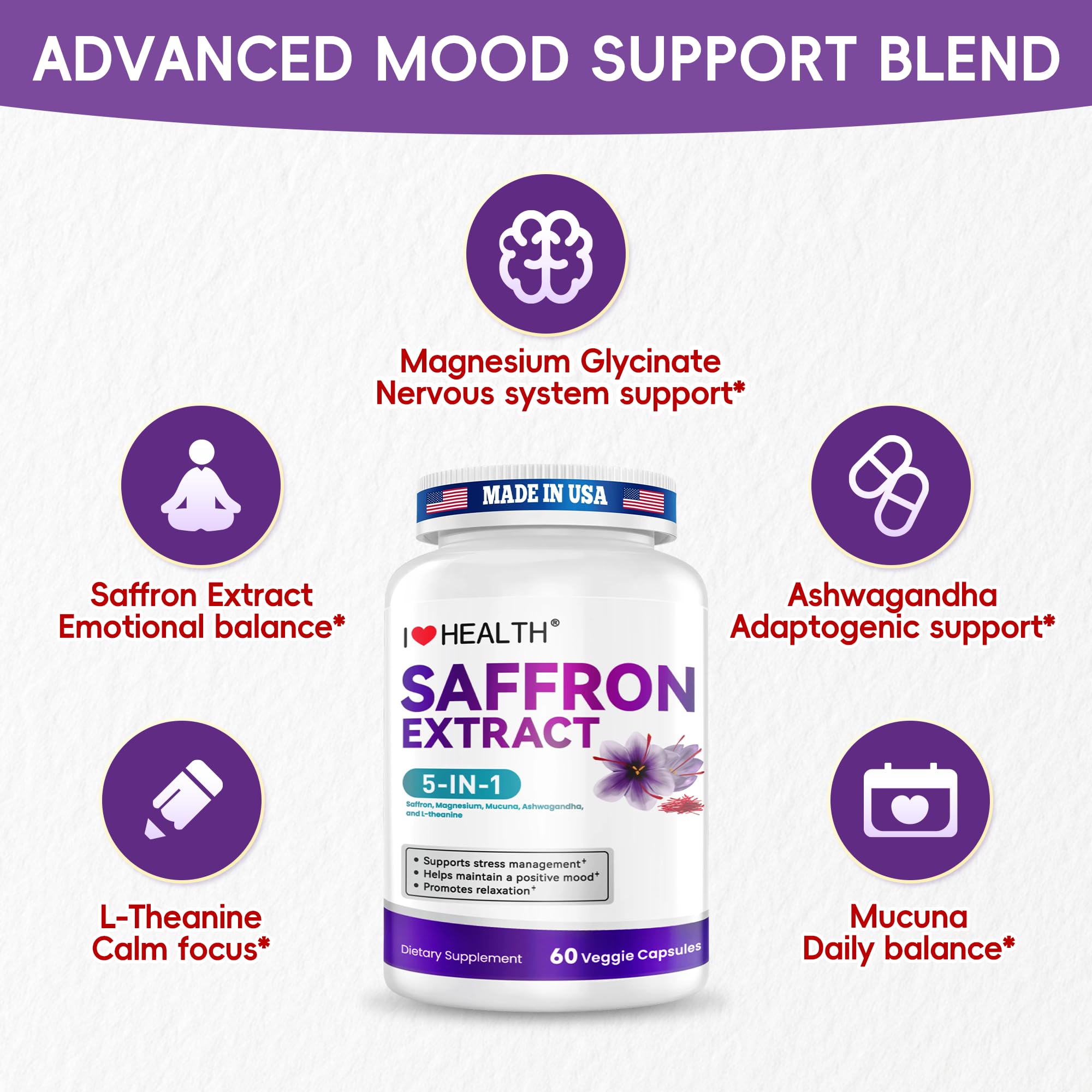 I LOVE HEALTH Saffron Supplement – 88.5mg with Magnesium Glycinate, Ashwagandha & L-Theanine for Stress Relief, Calm Mood & Emotional Balance – Made in USA – 60 Capsules - Maple Wellness Supplements