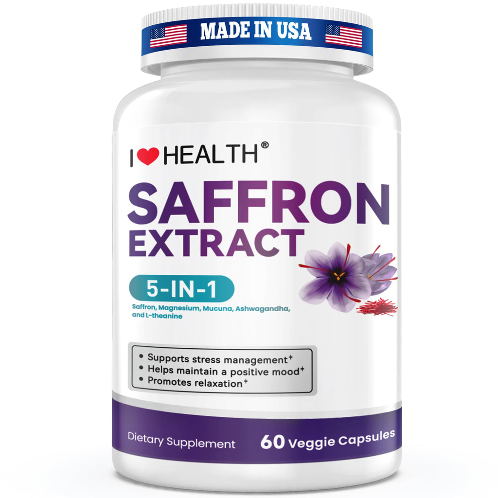 I LOVE HEALTH Saffron Supplement – 88.5mg with Magnesium Glycinate, Ashwagandha & L-Theanine for Stress Relief, Calm Mood & Emotional Balance – Made in USA – 60 Capsules - Maple Wellness Supplements
