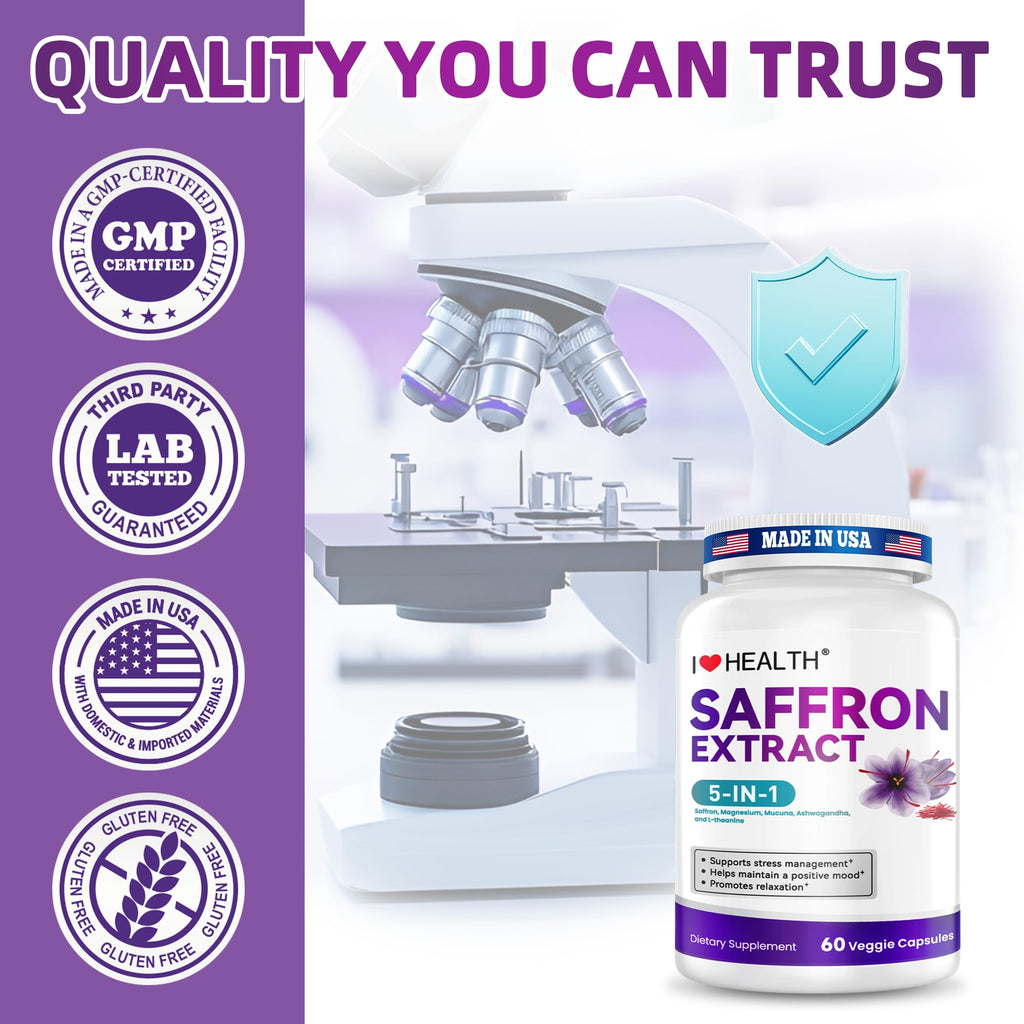 I LOVE HEALTH Saffron Supplement – 88.5mg with Magnesium Glycinate, Ashwagandha & L-Theanine for Stress Relief, Calm Mood & Emotional Balance – Made in USA – 60 Capsules - Maple Wellness Supplements