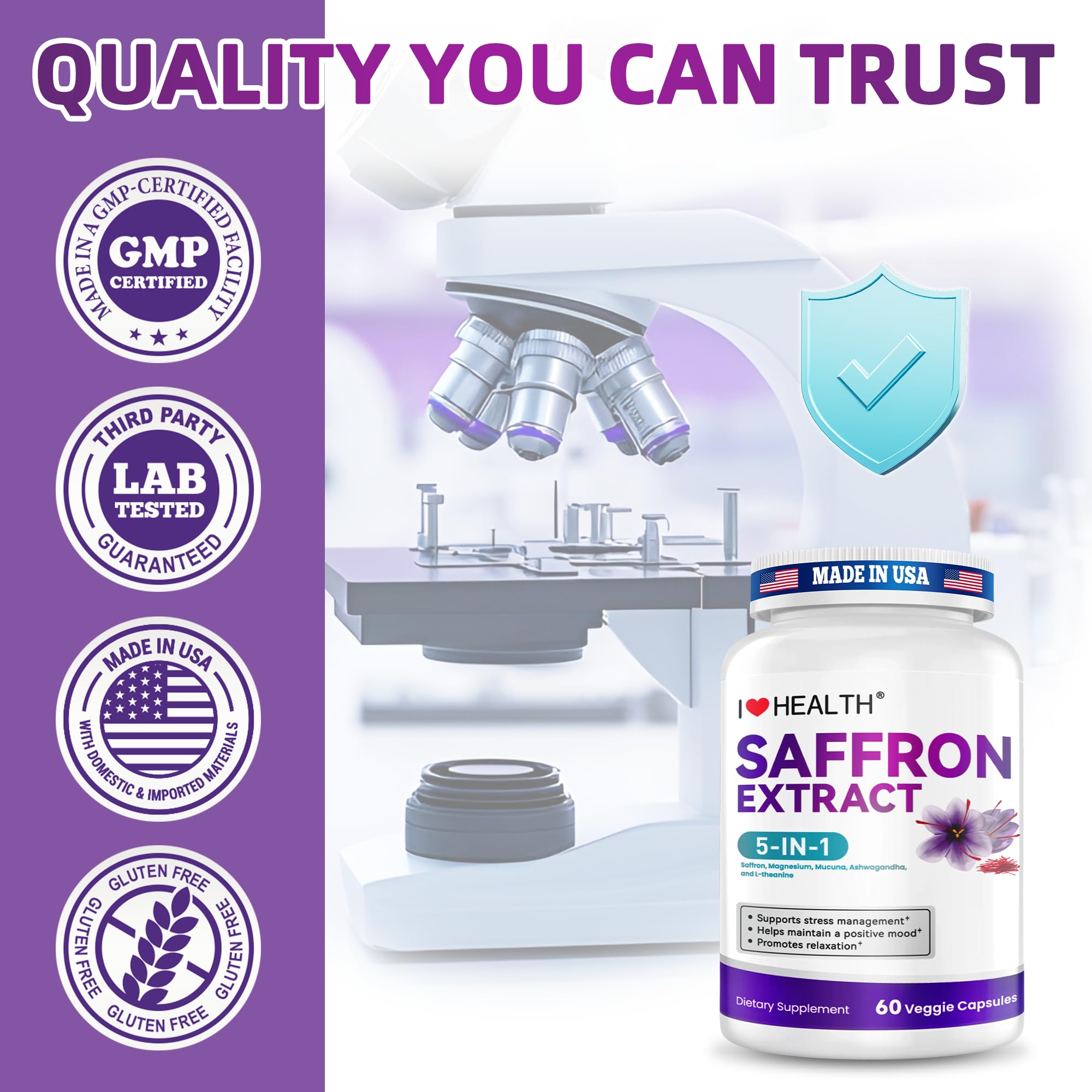 I LOVE HEALTH Saffron Supplement – 88.5mg with Magnesium Glycinate, Ashwagandha & L-Theanine for Stress Relief, Calm Mood & Emotional Balance – Made in USA – 60 Capsules - Maple Wellness Supplements