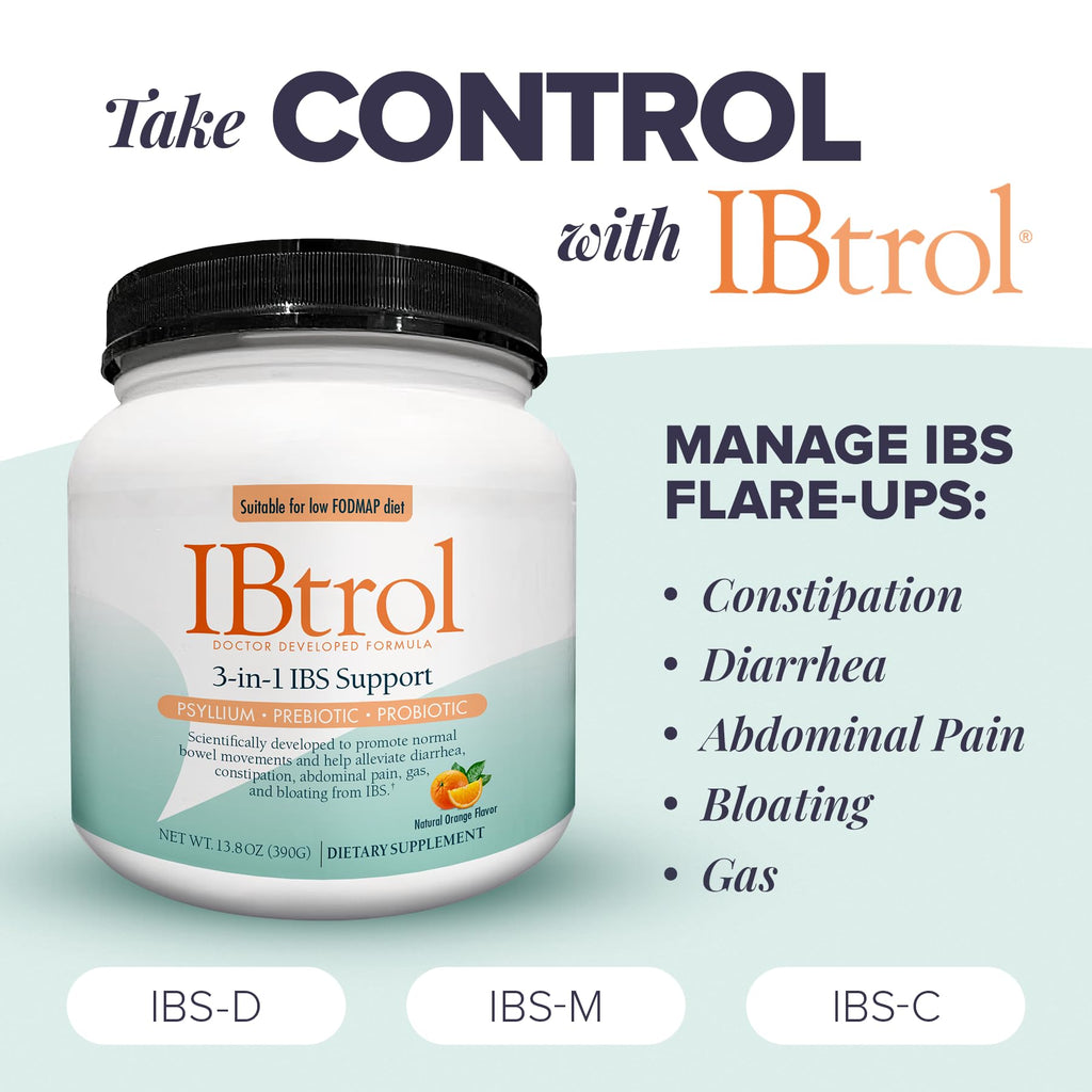 IBtrol® 3–in–1 IBS Gut Health Supplement with Psyllium, Prebiotic and Probiotics, Manages IBS Symptoms, Gas, Bloating, Diarrhea, Constipation, Abdominal Pain 60 Servings (Natural Orange Flavor) - TrustMedUSA