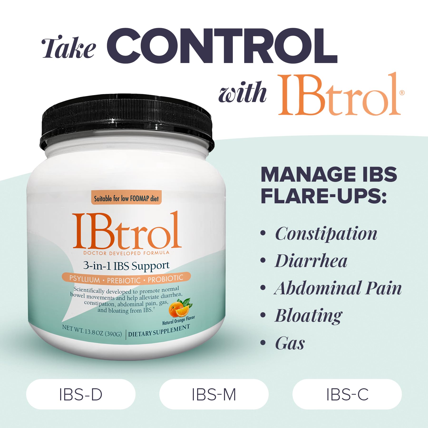 IBtrol® 3–in–1 IBS Gut Health Supplement with Psyllium, Prebiotic and Probiotics, Manages IBS Symptoms, Gas, Bloating, Diarrhea, Constipation, Abdominal Pain 60 Servings (Natural Orange Flavor) - TrustMedUSA