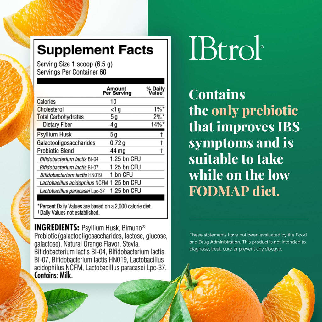 IBtrol® 3–in–1 IBS Gut Health Supplement with Psyllium, Prebiotic and Probiotics, Manages IBS Symptoms, Gas, Bloating, Diarrhea, Constipation, Abdominal Pain 60 Servings (Natural Orange Flavor) - TrustMedUSA