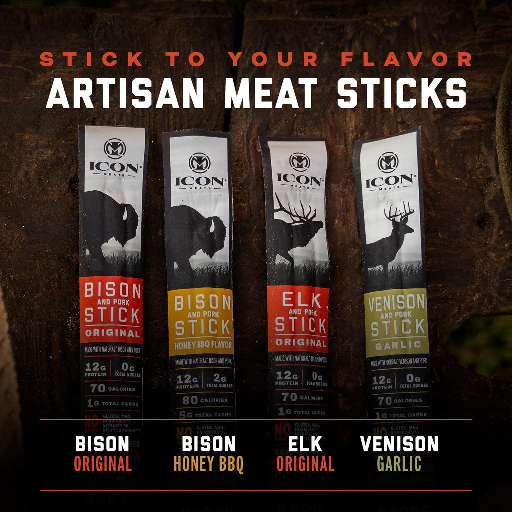 ICON Meats Bison and Pork Snack Sticks, Original Flavor, 24 Pack of High Protein Snacks, Sugar Free, Natural Jerky Meat Sticks, Gluten Free, USDA Inspected, Made in USA, Gifts for Him - Maple Wellness Supplements