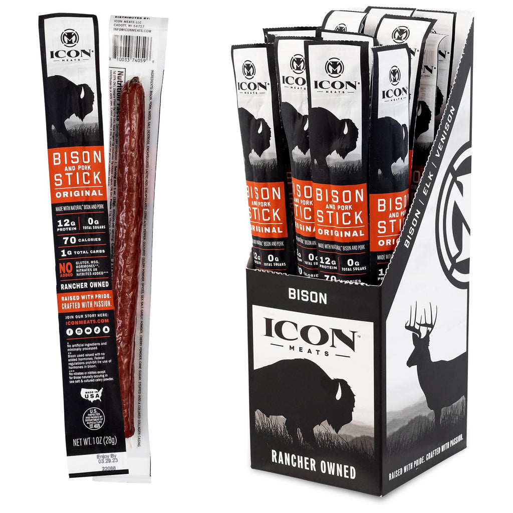 ICON Meats Bison and Pork Snack Sticks, Original Flavor, 24 Pack of High Protein Snacks, Sugar Free, Natural Jerky Meat Sticks, Gluten Free, USDA Inspected, Made in USA, Gifts for Him - Maple Wellness Supplements