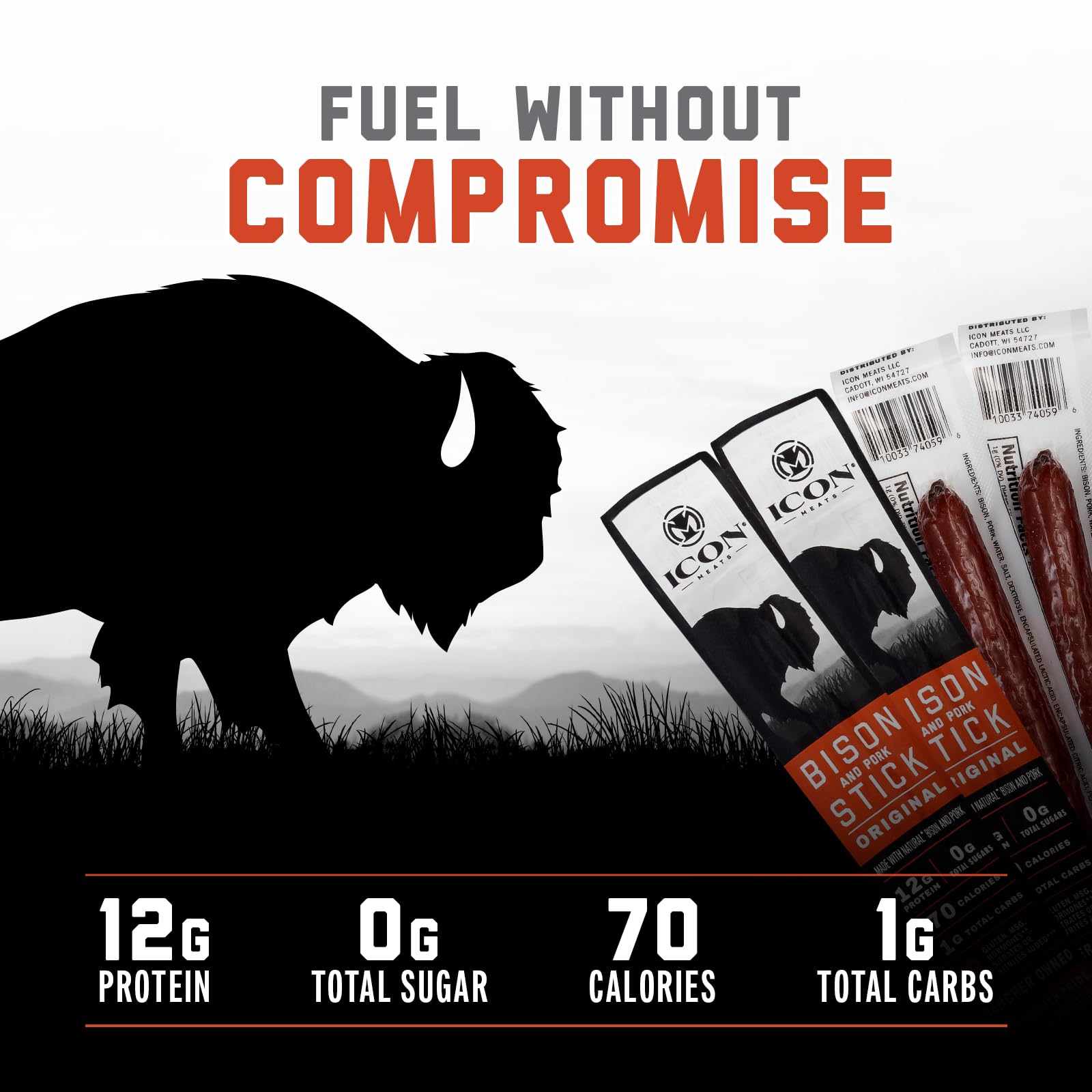 ICON Meats Bison and Pork Snack Sticks, Original Flavor, 24 Pack of High Protein Snacks, Sugar Free, Natural Jerky Meat Sticks, Gluten Free, USDA Inspected, Made in USA, Gifts for Him - Maple Wellness Supplements