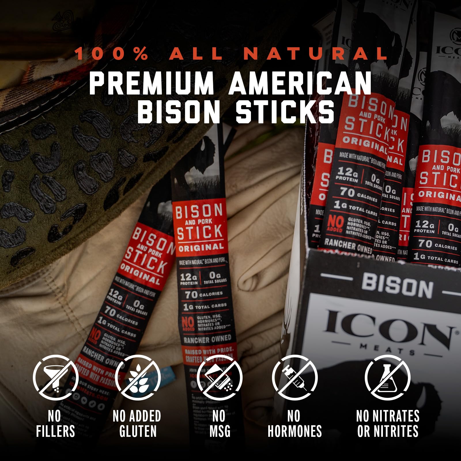 ICON Meats Bison and Pork Snack Sticks, Original Flavor, 24 Pack of High Protein Snacks, Sugar Free, Natural Jerky Meat Sticks, Gluten Free, USDA Inspected, Made in USA, Gifts for Him - Maple Wellness Supplements