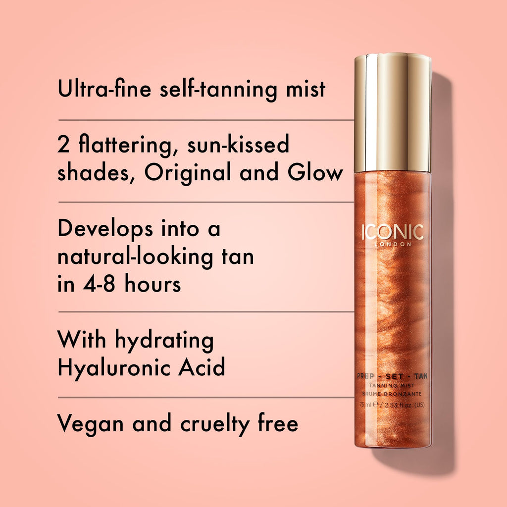 ICONIC LONDON Prep-Set-Tan Glow | Shimmering Self Tanning Facial Mist with Hyaluronic Acid, Cruelty-Free, Vegan Makeup, 2.53 Fl oz - Maple Wellness Supplements
