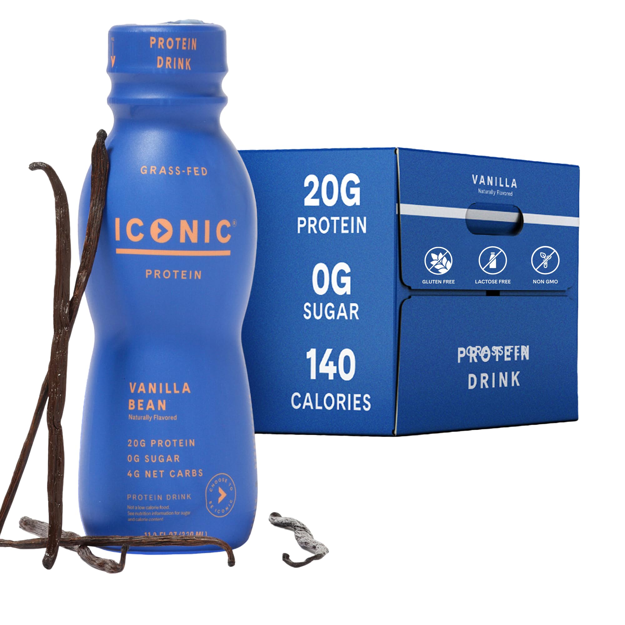 Iconic Protein Drinks, Vanilla Bean (12 Pack) - Sugar Free & Low Carb - 20g Grass Fed Protein - Lactose Free, Gluten Free, Non-GMO, Kosher - Keto Friendly Protein Shakes - Maple Wellness Supplements