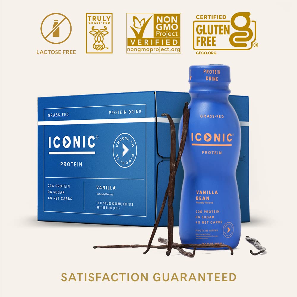 Iconic Protein Drinks, Vanilla Bean (12 Pack) - Sugar Free & Low Carb - 20g Grass Fed Protein - Lactose Free, Gluten Free, Non-GMO, Kosher - Keto Friendly Protein Shakes - Maple Wellness Supplements