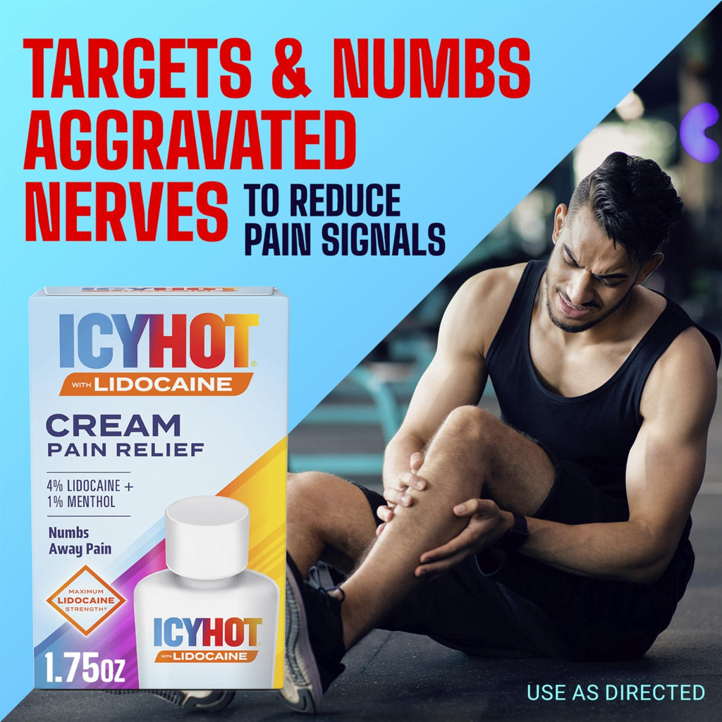 Icy Hot Lidocaine Pain Relief Cream, Numb Aggravated Nerves with Max Strength Lidocaine 4% and Menthol 1%, Fast-Acting Pain Relief for Minor Pain, Backaches, Sprains and Strains, 1.75 oz - TrustMedUSA