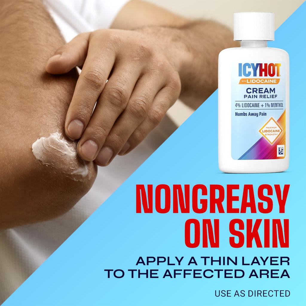 Icy Hot Lidocaine Pain Relief Cream, Numb Aggravated Nerves with Max Strength Lidocaine 4% and Menthol 1%, Fast-Acting Pain Relief for Minor Pain, Backaches, Sprains and Strains, 1.75 oz - TrustMedUSA