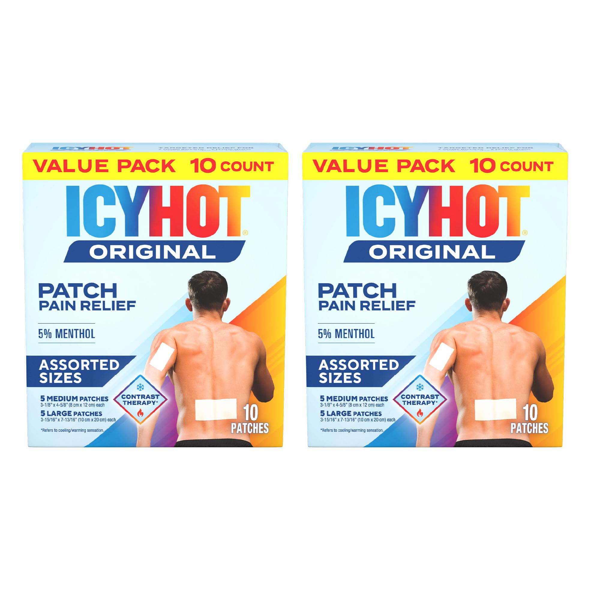Icy Hot Original Pain Relief Patch Variety Pack with 5% Cooling Menthol for Fast-Acting Muscle and Joint Pain Relief, 5 Medium and 5 Large Comfortable Fabric Patches, 10 Ct., 2 pk - TrustMedUSA