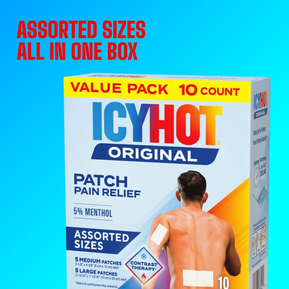 Icy Hot Original Pain Relief Patch Variety Pack with 5% Cooling Menthol for Fast-Acting Muscle and Joint Pain Relief, 5 Medium and 5 Large Comfortable Fabric Patches, 10 Ct., 2 pk - TrustMedUSA