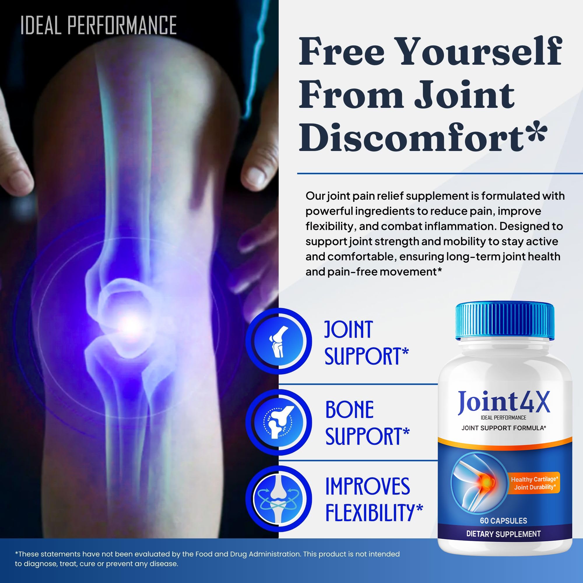 IDEAL PERFORMANCE Joint4X Joint Support Capsules, Official Joint-4X Supplement Pills, All-Natural Formula to Fortify Bones and Bolster Flexibility - Maximum Strength, Joint 4X Pills Reviews (5 Pack) - TrustMedUSA