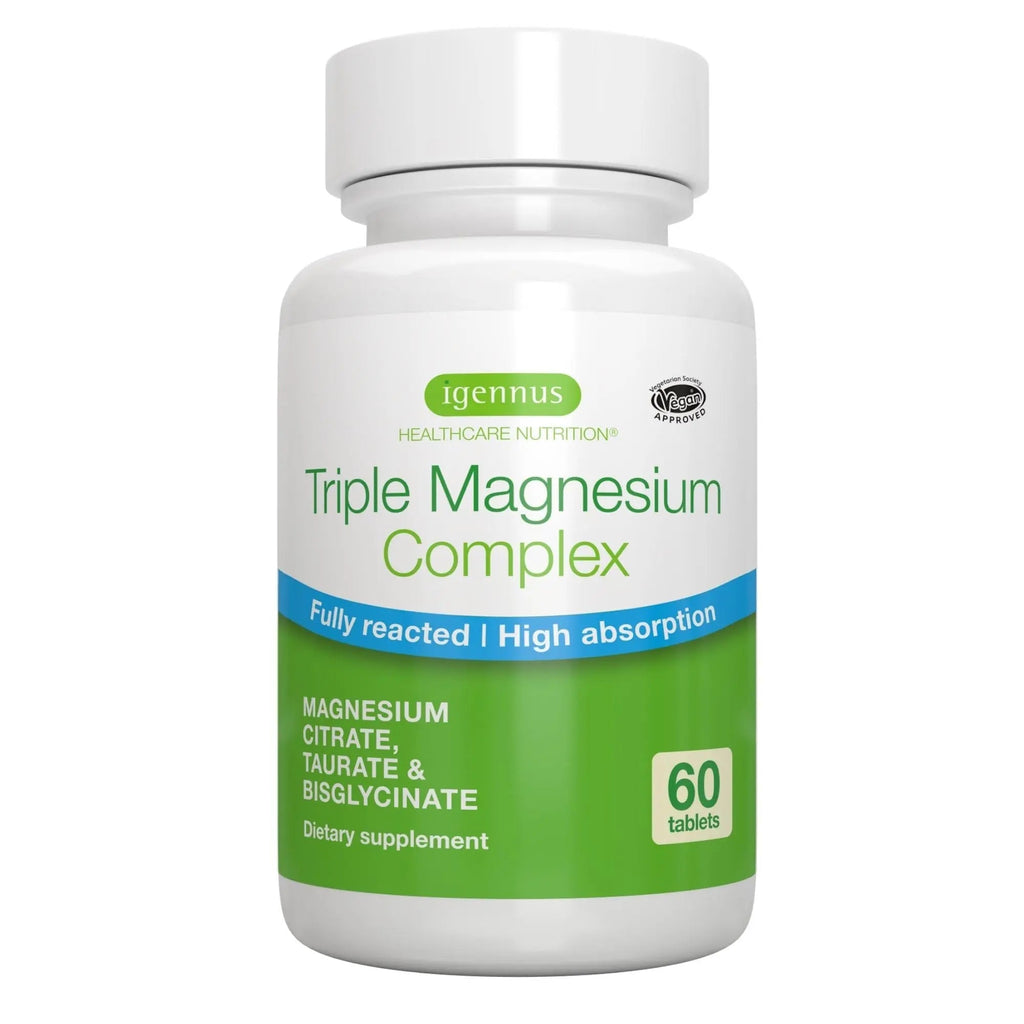 Igennus Superior Triple Magnesium Complex, Fully Reacted & Chelated Glycinate, Taurate & Citrate, Clean Label, High Bioavailability & Absorption, 60 Tablets, Vegan, Non-Buffered - TrustMedUSA