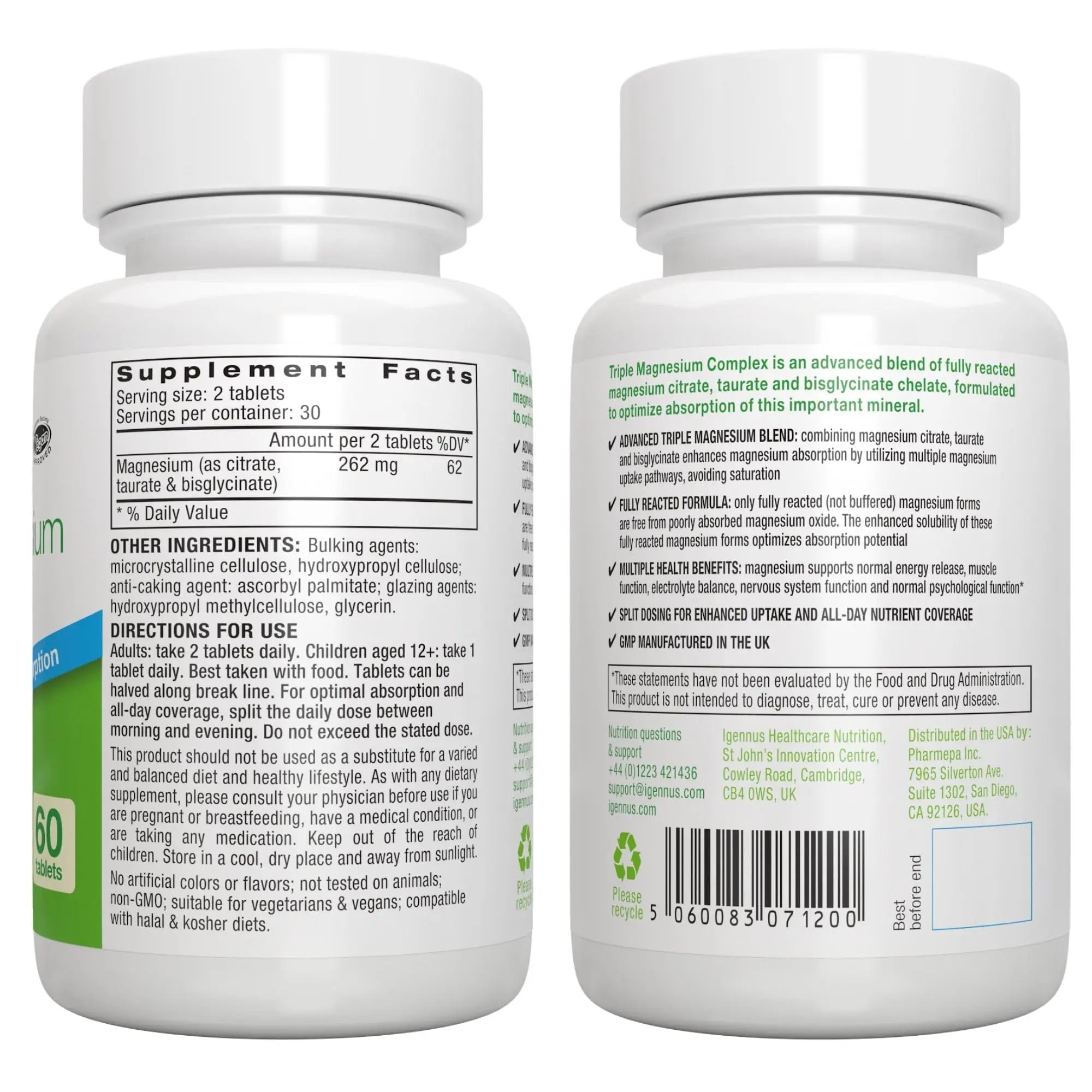 Igennus Superior Triple Magnesium Complex, Fully Reacted & Chelated Glycinate, Taurate & Citrate, Clean Label, High Bioavailability & Absorption, 60 Tablets, Vegan, Non-Buffered - TrustMedUSA