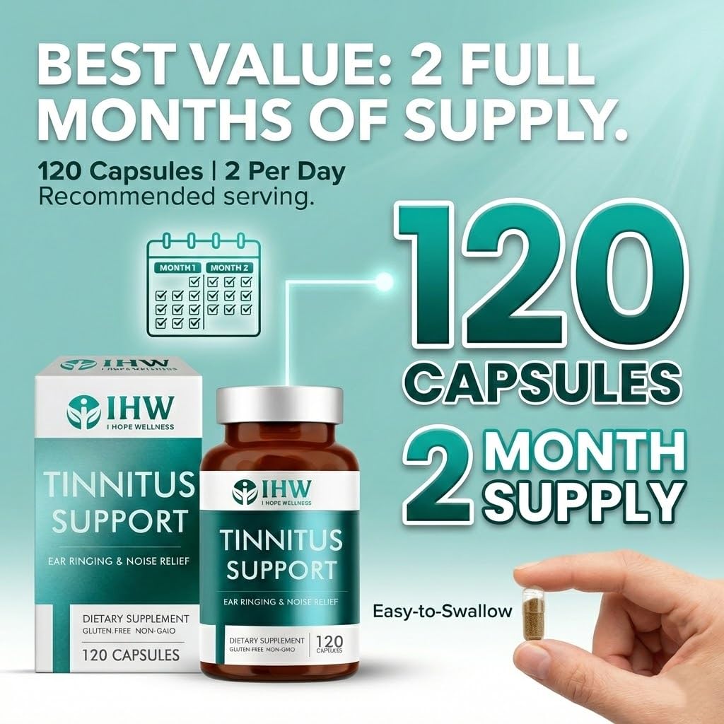 IHW Tinnitus Relief for Ringing Ears, 1200mg Tinnitus Relief Supplement, 120 Capsules, with Vitamin B Complex & C, Reduces Ringing in Ears, Promotes Hearing Wellness & Comfort - TrustMedUSA