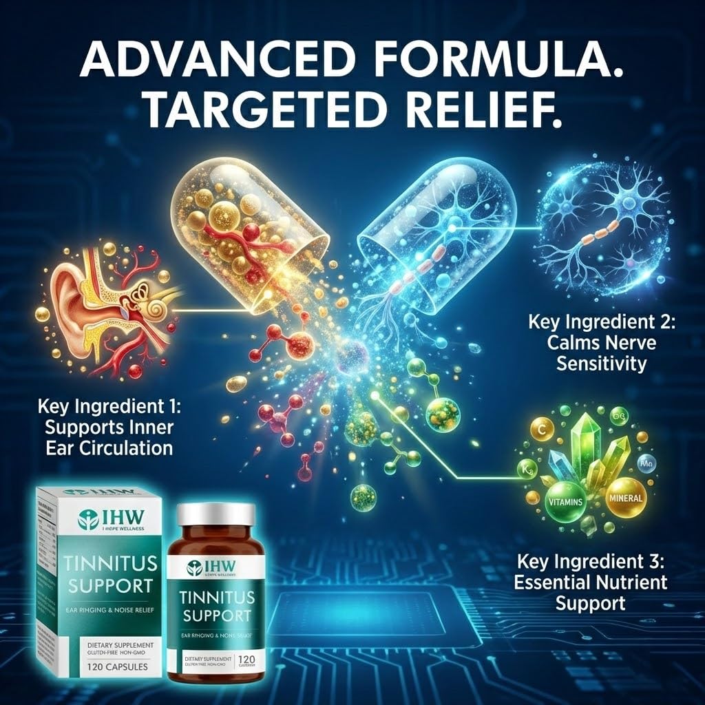 IHW Tinnitus Relief for Ringing Ears, 1200mg Tinnitus Relief Supplement, 120 Capsules, with Vitamin B Complex & C, Reduces Ringing in Ears, Promotes Hearing Wellness & Comfort - TrustMedUSA