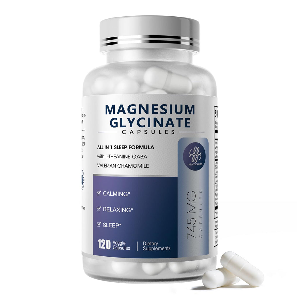 iMATCHME Magnesium Glycinate 850mg Capsules with L-Theanine, Chamomile & GABA for Sleep, Calmness, Muscle, Bone Health & Immune Support, Magnesium for Women and Men, - TrustMedUSA
