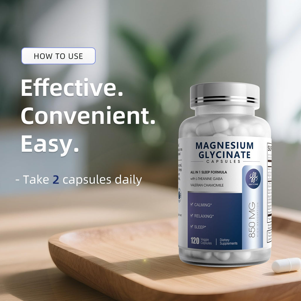 iMATCHME Magnesium Glycinate 850mg Capsules with L-Theanine, Chamomile & GABA for Sleep, Calmness, Muscle, Bone Health & Immune Support, Magnesium for Women and Men, - TrustMedUSA