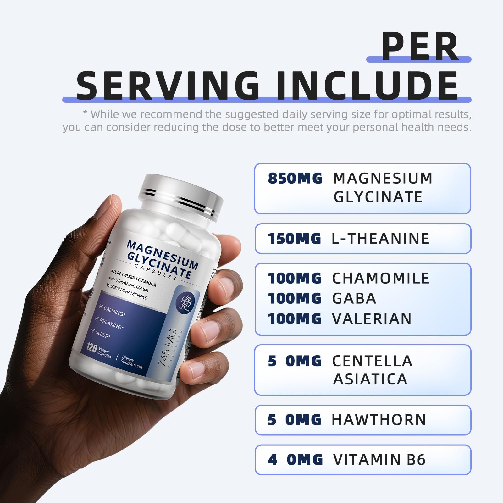 iMATCHME Magnesium Glycinate 850mg Capsules with L-Theanine, Chamomile & GABA for Sleep, Calmness, Muscle, Bone Health & Immune Support, Magnesium for Women and Men, - TrustMedUSA