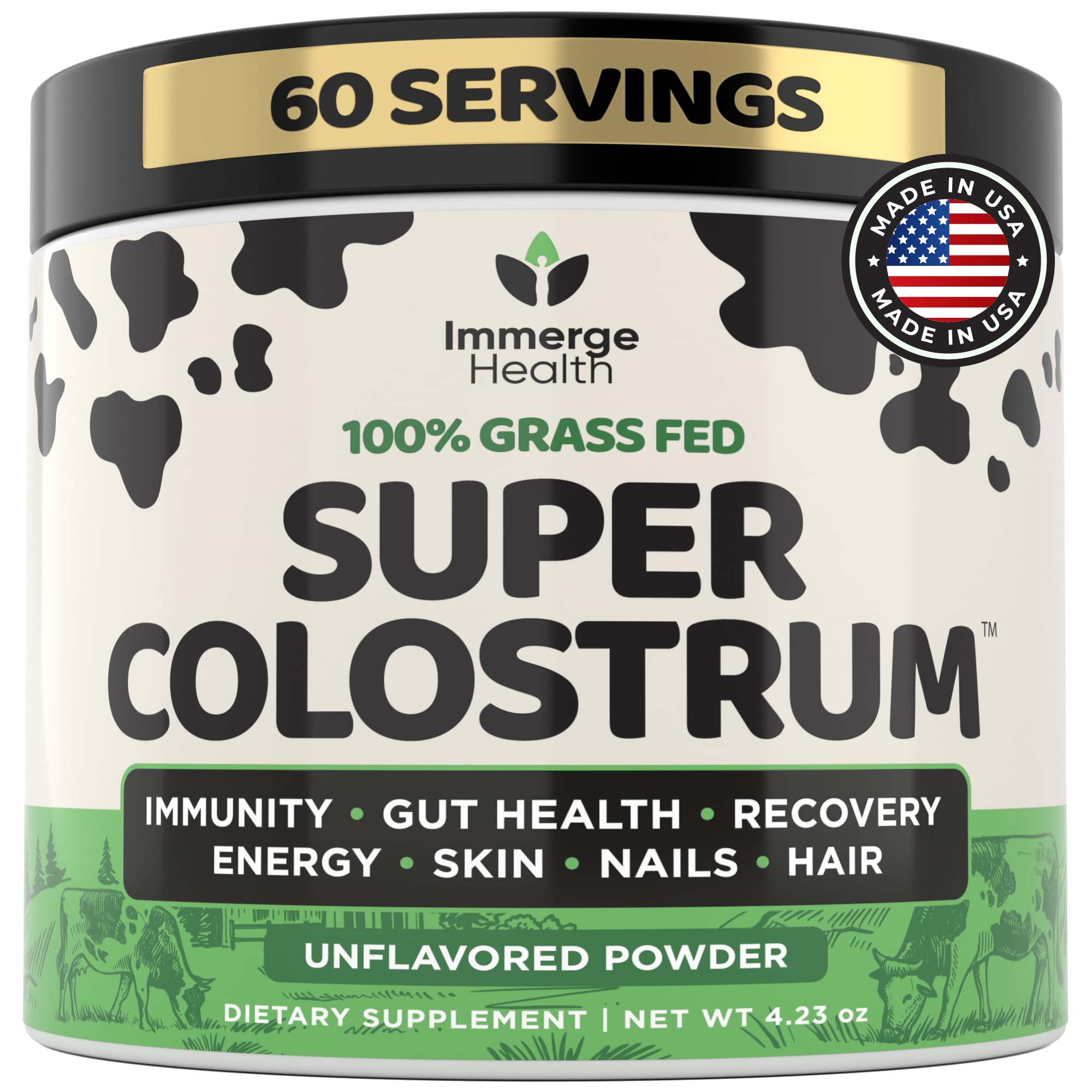 Immerge Health Super Colostrum Powder (60 Servings) – Premium Bovine Colostrum Supplement for Gut Health, Bloating & Immune Support – High IgG, 100% Grass Fed First Milking, Unflavored, Made in USA - TrustMedUSA