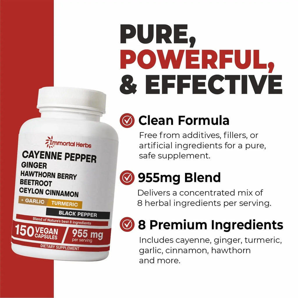 Immortal Herbs Cayenne Pepper Capsules w/Garlic, Ginger, Hawthorn, Turmeric, Cinnamon, Beet Root and Black Pepper Extract, 150 Cayenne Capsules, Non-GMO & Gluten Free Capsaicin Supplement - TrustMedUSA