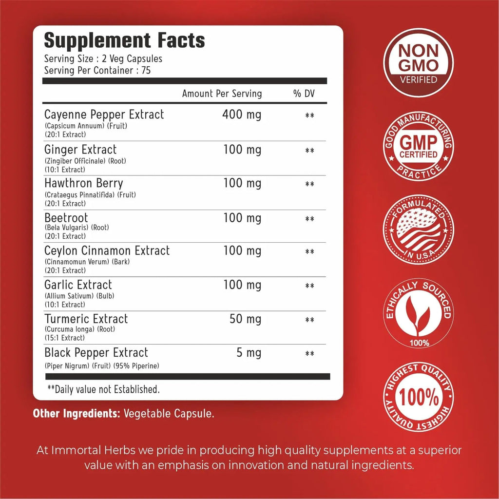 Immortal Herbs Cayenne Pepper Capsules w/Garlic, Ginger, Hawthorn, Turmeric, Cinnamon, Beet Root and Black Pepper Extract, 150 Cayenne Capsules, Non-GMO & Gluten Free Capsaicin Supplement - TrustMedUSA
