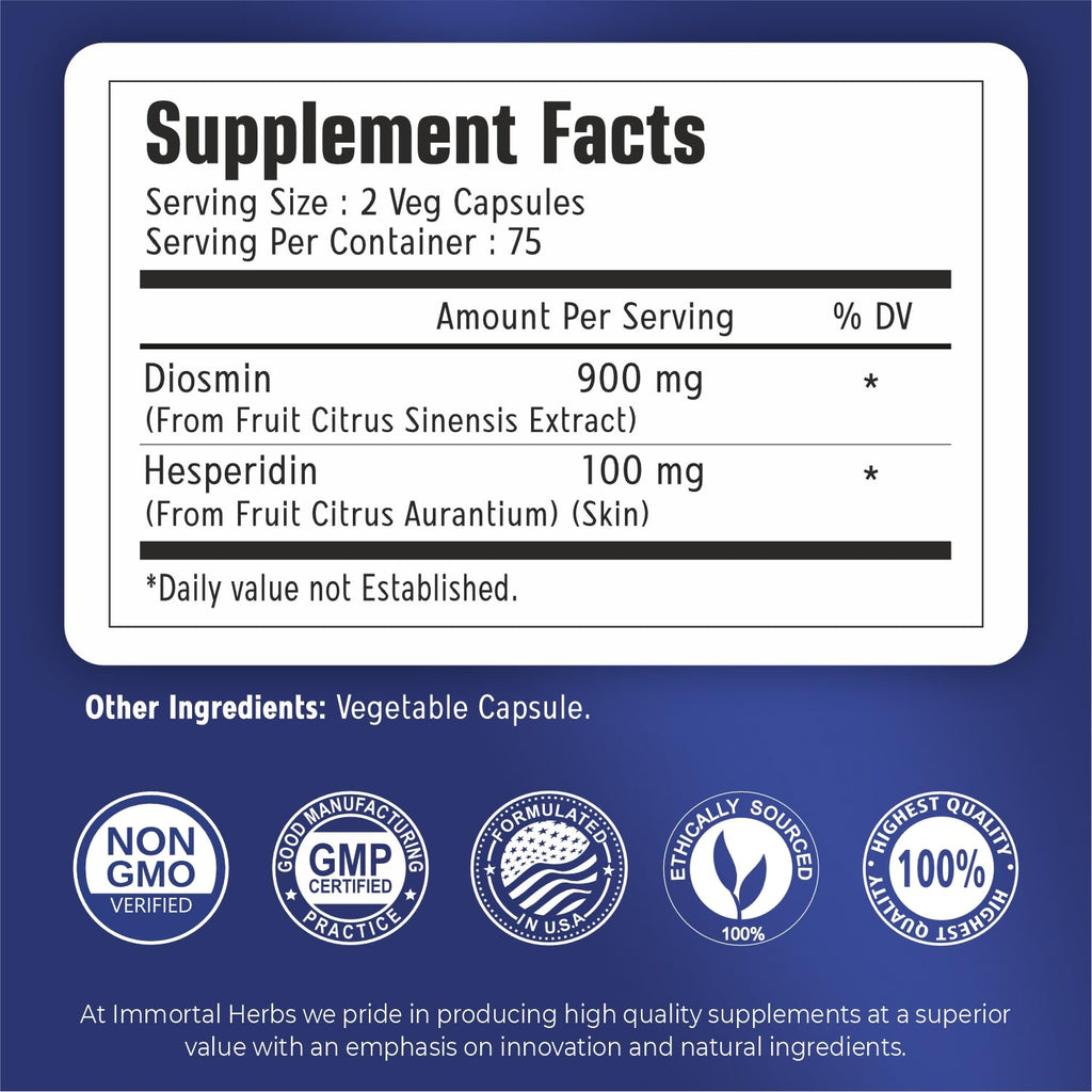 Immortal Herbs Diosmin Hesperidin 1000mg Complex, 150 Capsules, Citrus Bioflavonoids Rich Fruit Extract, 100% Vegetarian, Non-GMO & Gluten Free Diosmin Supplement with Max Strength - TrustMedUSA
