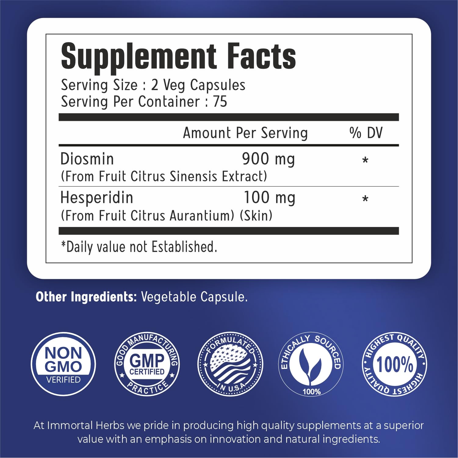 Immortal Herbs Diosmin Hesperidin 1000mg Complex, 150 Capsules, Citrus Bioflavonoids Rich Fruit Extract, 100% Vegetarian, Non-GMO & Gluten Free Diosmin Supplement with Max Strength - TrustMedUSA