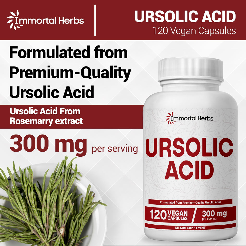 Immortal Herbs Pure Ursolic Acid Supplement 300mg, 120 Pills, Rosemary Leaf Extract Powder, Non-GMO and Gluten-Free Ursolic Acid Capsules for Women and Men - TrustMedUSA
