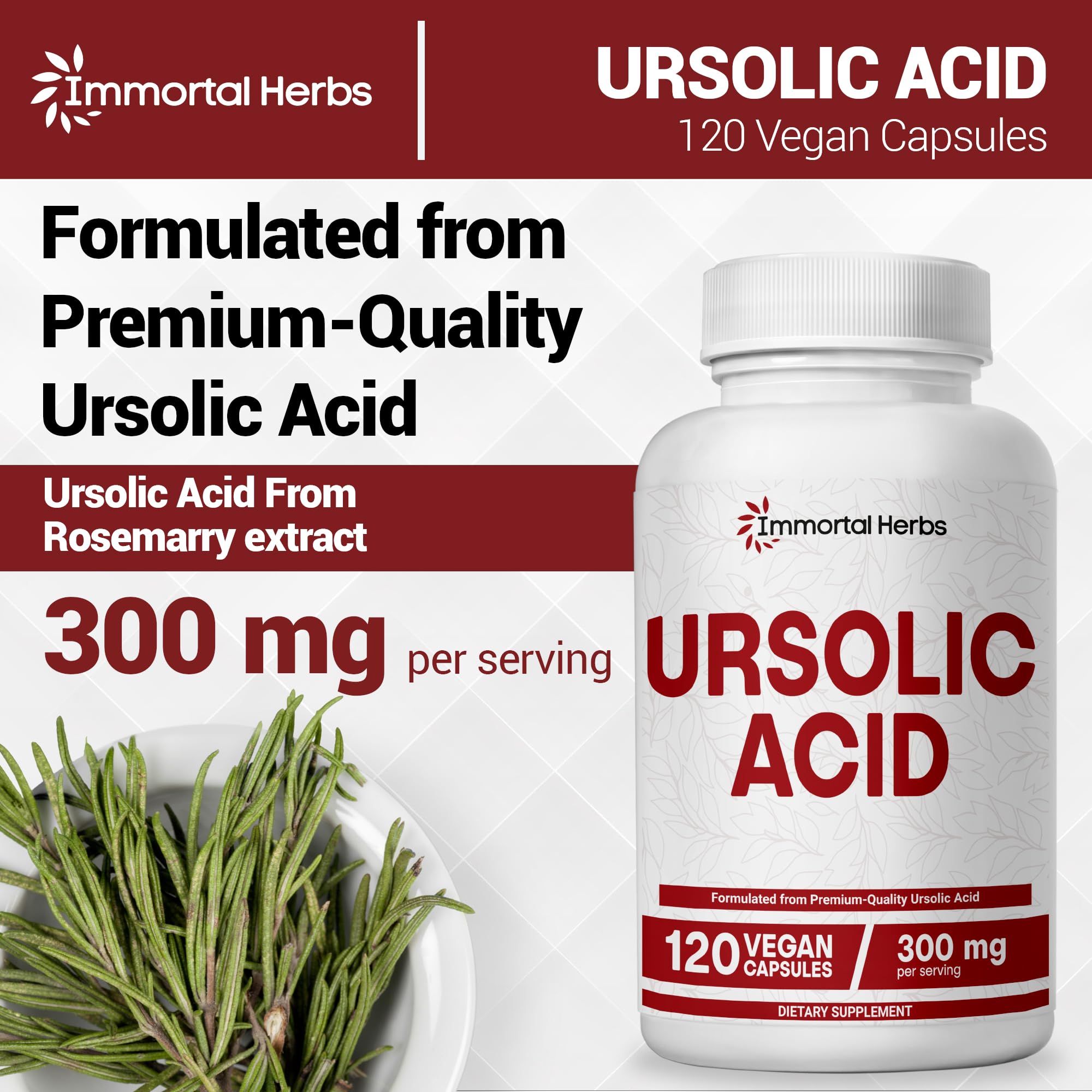 Immortal Herbs Pure Ursolic Acid Supplement 300mg, 120 Pills, Rosemary Leaf Extract Powder, Non-GMO and Gluten-Free Ursolic Acid Capsules for Women and Men - TrustMedUSA