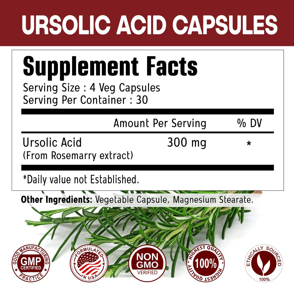 Immortal Herbs Pure Ursolic Acid Supplement 300mg, 120 Pills, Rosemary Leaf Extract Powder, Non-GMO and Gluten-Free Ursolic Acid Capsules for Women and Men - TrustMedUSA