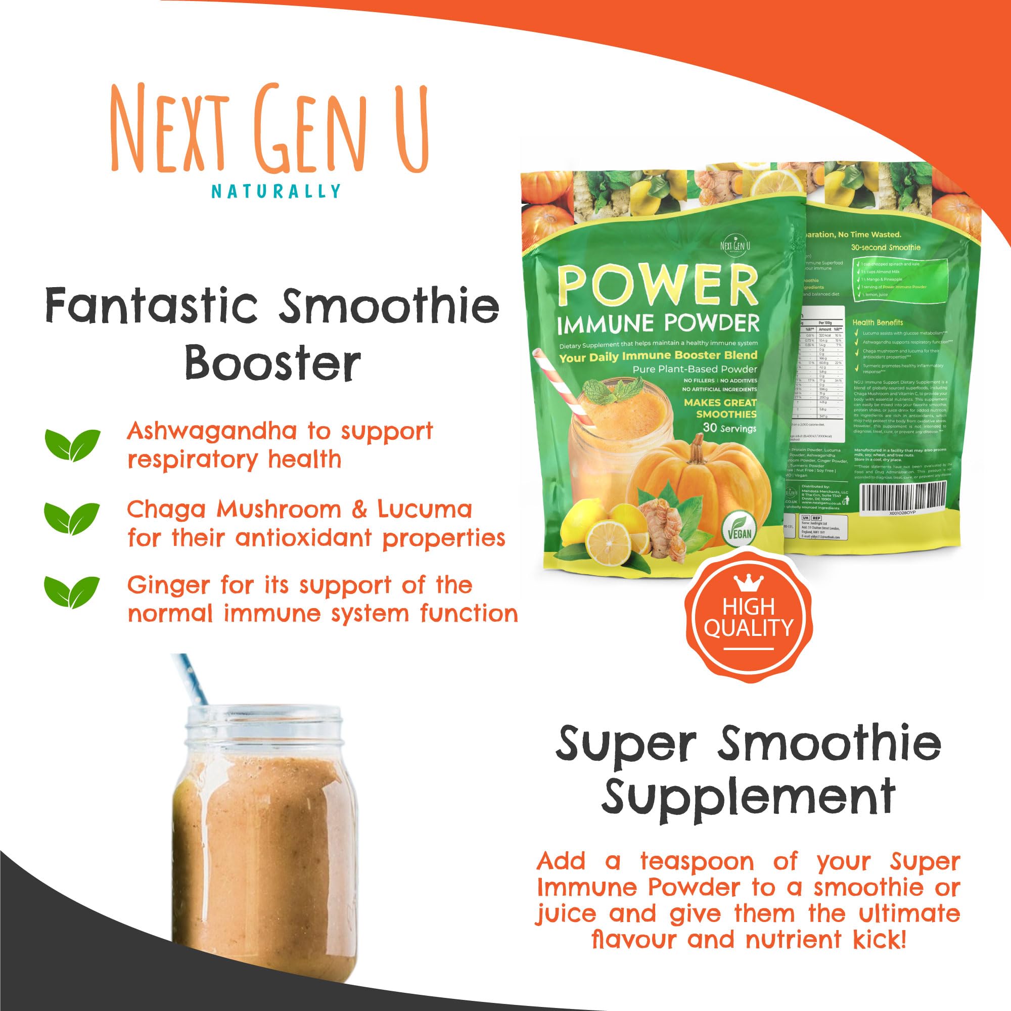 Immune Support - Supplement Powder 150g - Superfood Booster for Adults - Natural Immunity Defense - Daily Drink Mix for Women & Men - Plant Based, Vegan & Gluten Free Smoothie Boost by NextGenU - TrustMedUSA