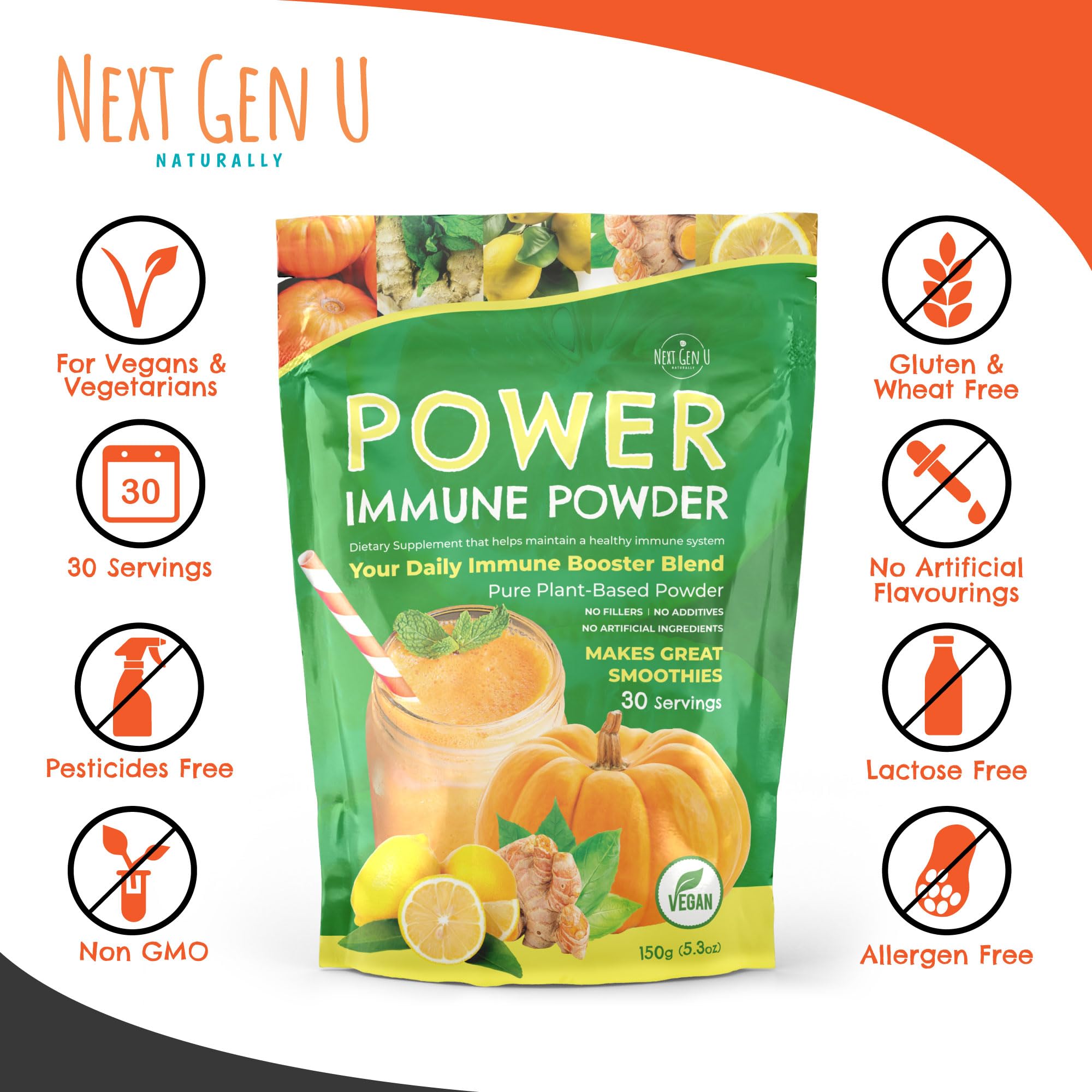 Immune Support - Supplement Powder 150g - Superfood Booster for Adults - Natural Immunity Defense - Daily Drink Mix for Women & Men - Plant Based, Vegan & Gluten Free Smoothie Boost by NextGenU - TrustMedUSA