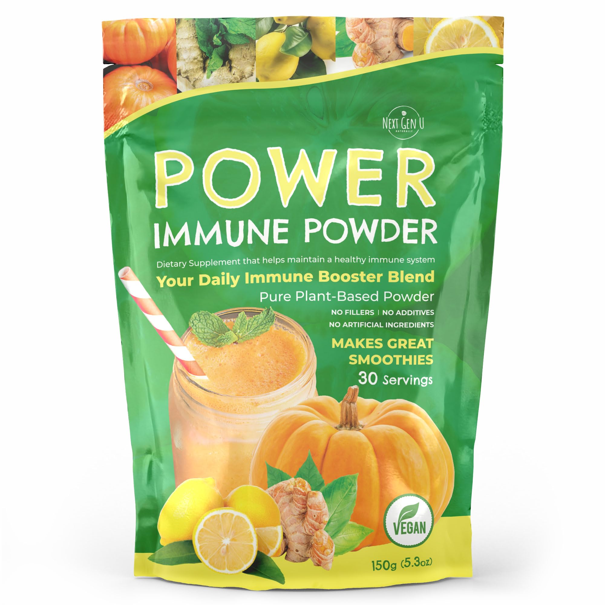 Immune Support - Supplement Powder 150g - Superfood Booster for Adults - Natural Immunity Defense - Daily Drink Mix for Women & Men - Plant Based, Vegan & Gluten Free Smoothie Boost by NextGenU - TrustMedUSA