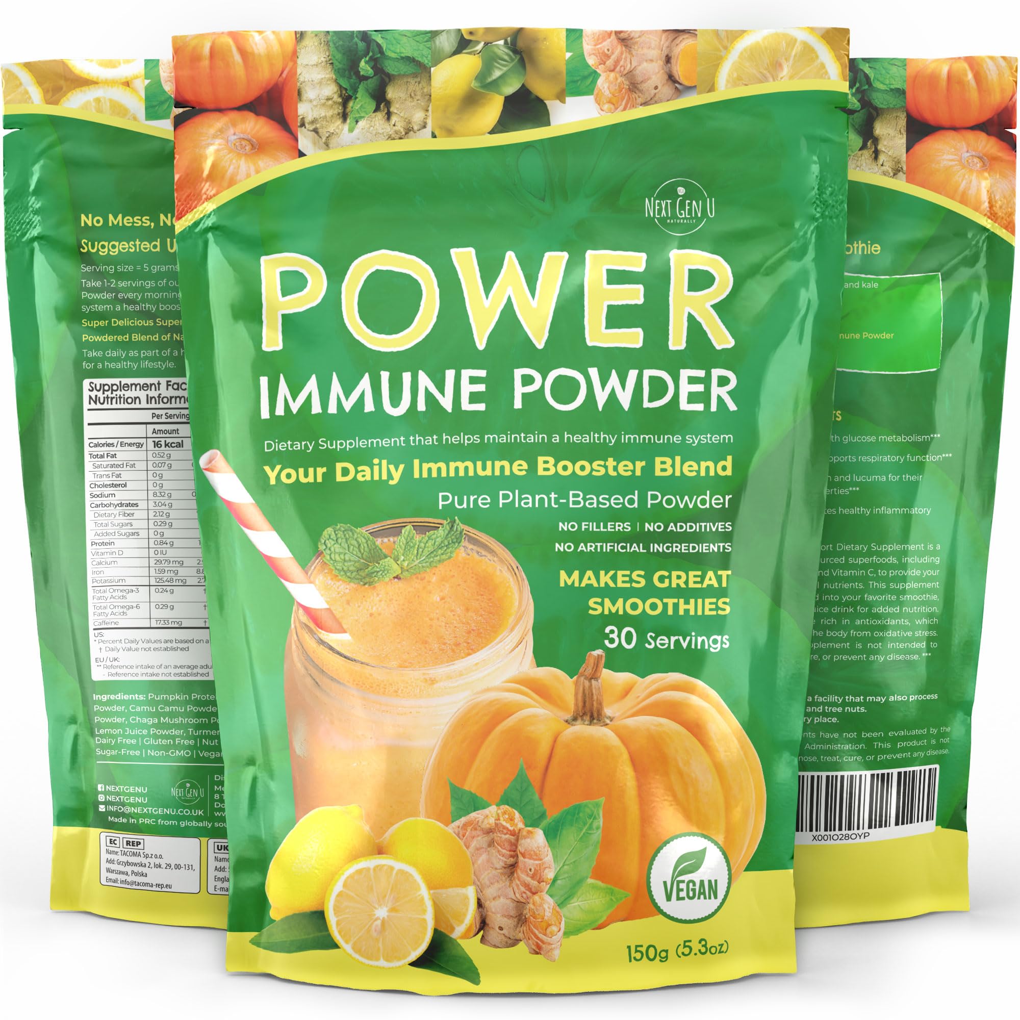 Immune Support - Supplement Powder 150g - Superfood Booster for Adults - Natural Immunity Defense - Daily Drink Mix for Women & Men - Plant Based, Vegan & Gluten Free Smoothie Boost by NextGenU - TrustMedUSA