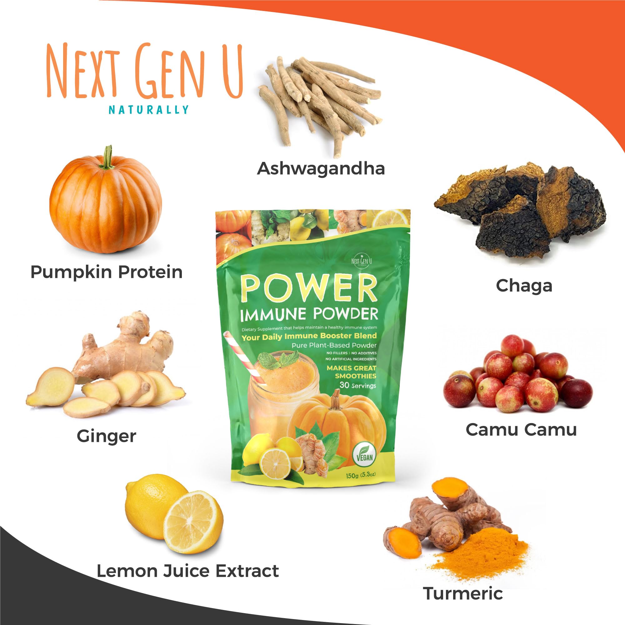 Immune Support - Supplement Powder 150g - Superfood Booster for Adults - Natural Immunity Defense - Daily Drink Mix for Women & Men - Plant Based, Vegan & Gluten Free Smoothie Boost by NextGenU - TrustMedUSA
